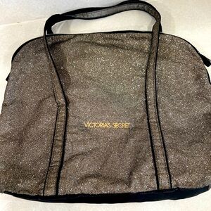 Victoria's Secret Black Metallic Gold Glitter Zipper Weekender Travel Tote Bag